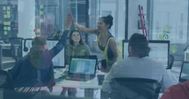 Animation of statistics and financial data processing over diverse business people in office. Global business, finances, computing and data processing concept digitally generated video.