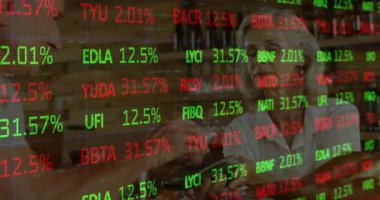 Animation of financial data processing over diverse people paying with smartphone. Global business, finances and digital interface concept digitally generated video.