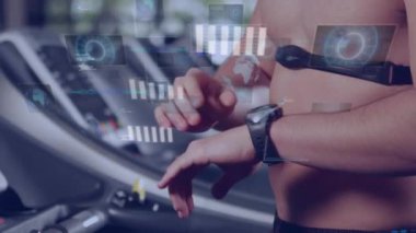 Animation of data processing over man on treadmill, exercising in gym. Global sports, fitness, computing and data processing concept digitally generated video.