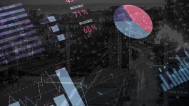 Animation of infographic interface over aerial view of cityscape in background. Digital composite, multiple exposure, global, report, buildings, architecture, abstract and business concept.