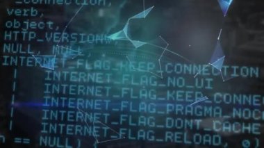 Animation of connected dots and globe over computer programming language on black background. Digitally generated, hologram, coding, machine learning, globalization, communication, technology concept.