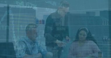 Animation of stock market data processing over three diverse colleagues discussing at office. Global economy and business technology concept