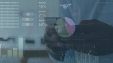Animation of data processing over african american man using smartphone. Global business, finance, computing and data processing concept digitally generated video.