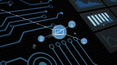 Animation of data processing and network of connections over black background. Global business and digital interface concept digitally generated video.