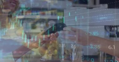 Animation of financial data processing over diverse people paying with credit card. Global business, finances and digital interface concept digitally generated video.