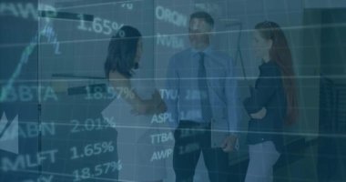 Animation of graphs and trading board over diverse coworkers having conversation in office. Digital composite, multiple exposure, stock market, report, business, communication and technology concept.