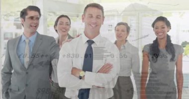 Animation of trading board, graphs, diverse coworker tapping shoulder and congratulating businessman. Digital composite, multiple exposure, teamwork, stock market, report and abstract concept.