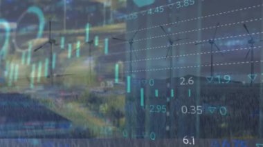 Animation of financial data processing over wind turbines. Global environment, sustainability, business, finance, computing and data processing concept digitally generated video.