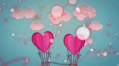 Animation of will you be my valentine text over hearts, clouds and molecules. valentine's day and celebration concept digitally generated video.