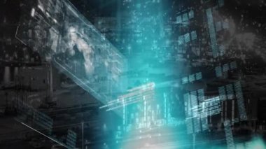Animation of globe, bars, computer language and lens flares over modern cityscape in background. Digital composite, multiple exposure, globalization, progress, buildings, abstract and business.