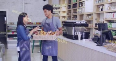 Animation of data processing over diverse shop assistants talking. Global business and digital interface concept digitally generated video.