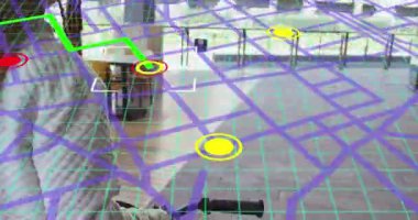 Animation of city map over biracial man walking with bike. Global travel, transport and lifestyle concept digitally generated video.