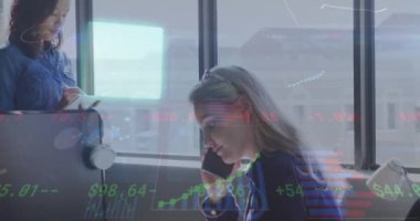 Animation of statistical data processing over diverse women working at office. Global finance and business technology concept