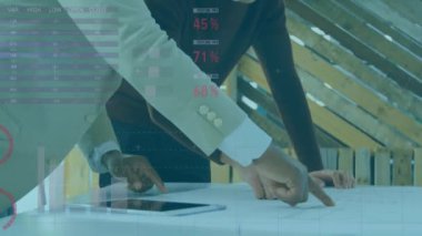 Animation of infographic interface over diverse coworkers discussing blueprint in office. Digital composite, multiple exposure, global, report, business, teamwork, communication and abstract concept.