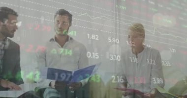 Animation of changing numbers over diverse coworkers sharing ideas in meeting at office. Digital composite, multiple exposure, growth, teamwork, communication and business concept.