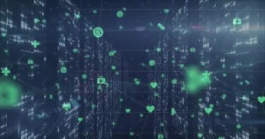 Animation of network of digital icons and screens of mosaic squares against blue background. Global networking and business data technology concept