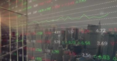Animation of financial data processing over cityscape with modern office buildings. Global business, finance, computing and data processing concept digitally generated video.