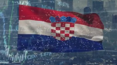 Animation of financial data processing over flag of croatia and cityscape. Global business, finance, computing and data processing concept digitally generated video.