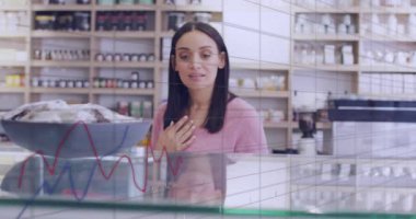 Animation of data processing over caucasian female customer shopping. Global business and digital interface concept digitally generated video.