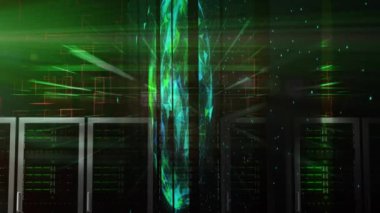 Sunucu odasında veri işleme ve küre animasyonu. küresel iş ve dijital arayüz kavramı dijital olarak oluşturulmuş video.