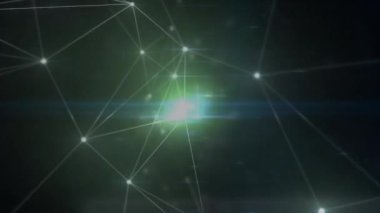 Animation of connected dots with lines and lens flares against abstract background. Digitally generated, hologram, illustration, illuminated, communication and technology concept.