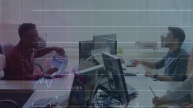 Animation of graphs and numbers over multiracial coworkers sharing report details in office. Digital composite, multiple exposure, report, business, finance, teamwork and technology concept.