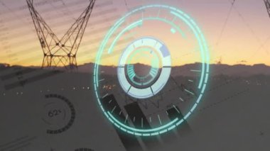 Animation of scope scanning over financial data processing and electricity pylons. Global business, finances and digital interface concept digitally generated video.