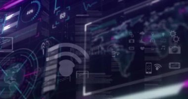 Animation of data processing over screens. Global online security, business, finance, computing and data processing concept digitally generated video.