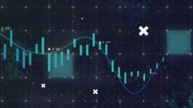 Animation of data processing and markers over grid. Global online security, business, finance, computing and data processing concept digitally generated video.