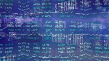 Animation of financial data processing over text. Global connections, business, finance, computing and data processing concept digitally generated video.