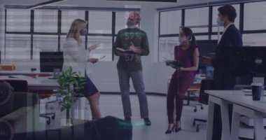 Animation of circle, infographic interface on multiracial coworkers wearing mask discussing reports. Digital composite, multiple exposure, global, report, business, teamwork, protection, technology.
