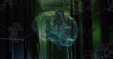 Animation of connections and digital brain over asian man in server room. Global technology, online security and digital interface concept digitally generated video.