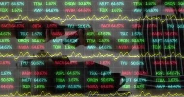 Animation of financial data processing over diverse people paying with smartphone. Global business, finances and digital interface concept digitally generated video.