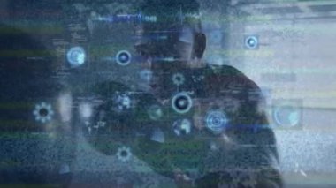 Animation of data processing over man boxing. Global sports, fitness, computing and data processing concept digitally generated video.