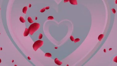 Animation of rose petals over moving hearts. valentine's day and celebration concept digitally generated video.