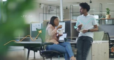 Animation of financial data processing over diverse business people discussing work at office. Global business, finances and digital interface concept digitally generated video.