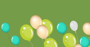 Animation of congratulations text over colorful balloons on green background. Celebration and party concept digitally generated video.