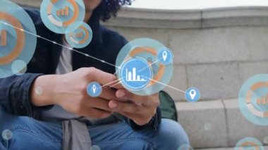 Animation of network of connections with icons over man using smartphone. Global networks, business, finance, computing and data processing concept digitally generated video.