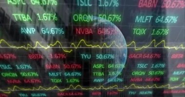 Şehrin üzerindeki finansal veri işleme ve küresinin animasyonu. Küresel iş, finans ve dijital arayüz kavramı dijital olarak oluşturulmuş video.