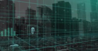 Animation of data processing over cityscape. Global online security, business, finance, computing and data processing concept digitally generated video.