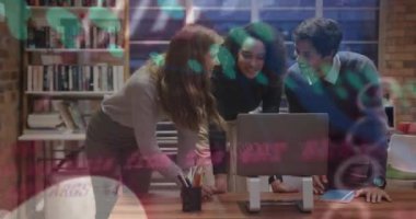 Animation of statistics and data processing over diverse business people working in office. Global business, finances, computing and data processing concept digitally generated video.