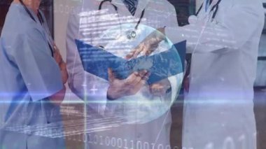 Animation of globe, binary coding and data processing over diverse doctors. Global medicine, business, finance, computing and data processing concept digitally generated video.