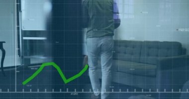 Animation of green line and financial data processing over diverse business people. Global business, finance, computing and data processing concept digitally generated video.