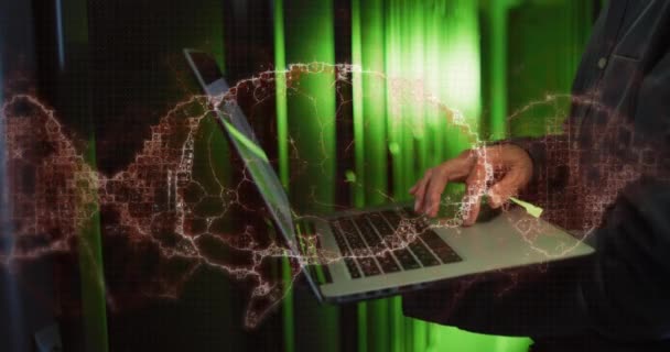 Анимирование Дна Цифрового Мозга Над Человеком Серверной Комнате Глобальные Технологии — стоковое видео