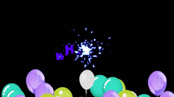 Animation Happy Birthday Text Colorful Balloons Black Background Celebration Party — Stockvideo