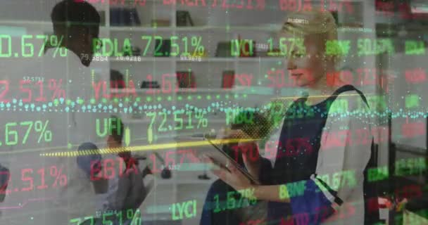 Animation Statistics Data Processing Caucasian Businesswoman Using Tablet Global Business — Vídeo de stock