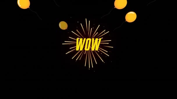 Animation Wow Text Yellow Balloons Black Background Celebration Party Concept — Stockvideo