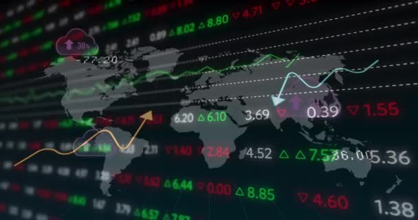 Animation Financial Data Processing World Map Global Technology Finances Digital — Vídeo de stock