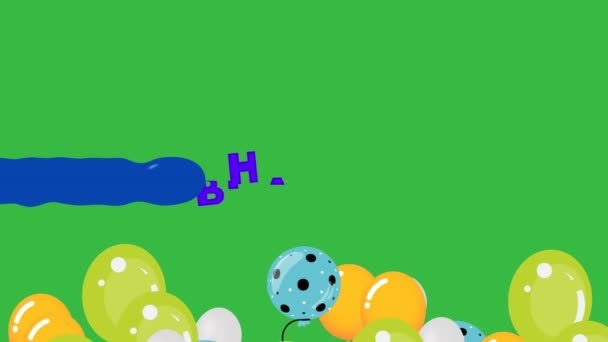 Animation Happy Birthday Text Colorful Balloons Green Background Celebration Party — Stockvideo