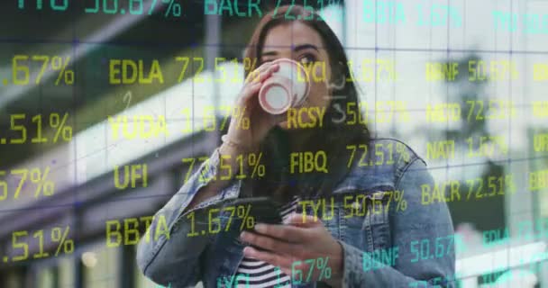 Animation Trading Board Mathematical Sums Caucasian Woman Holding Cellphone Drinking — Vídeo de Stock